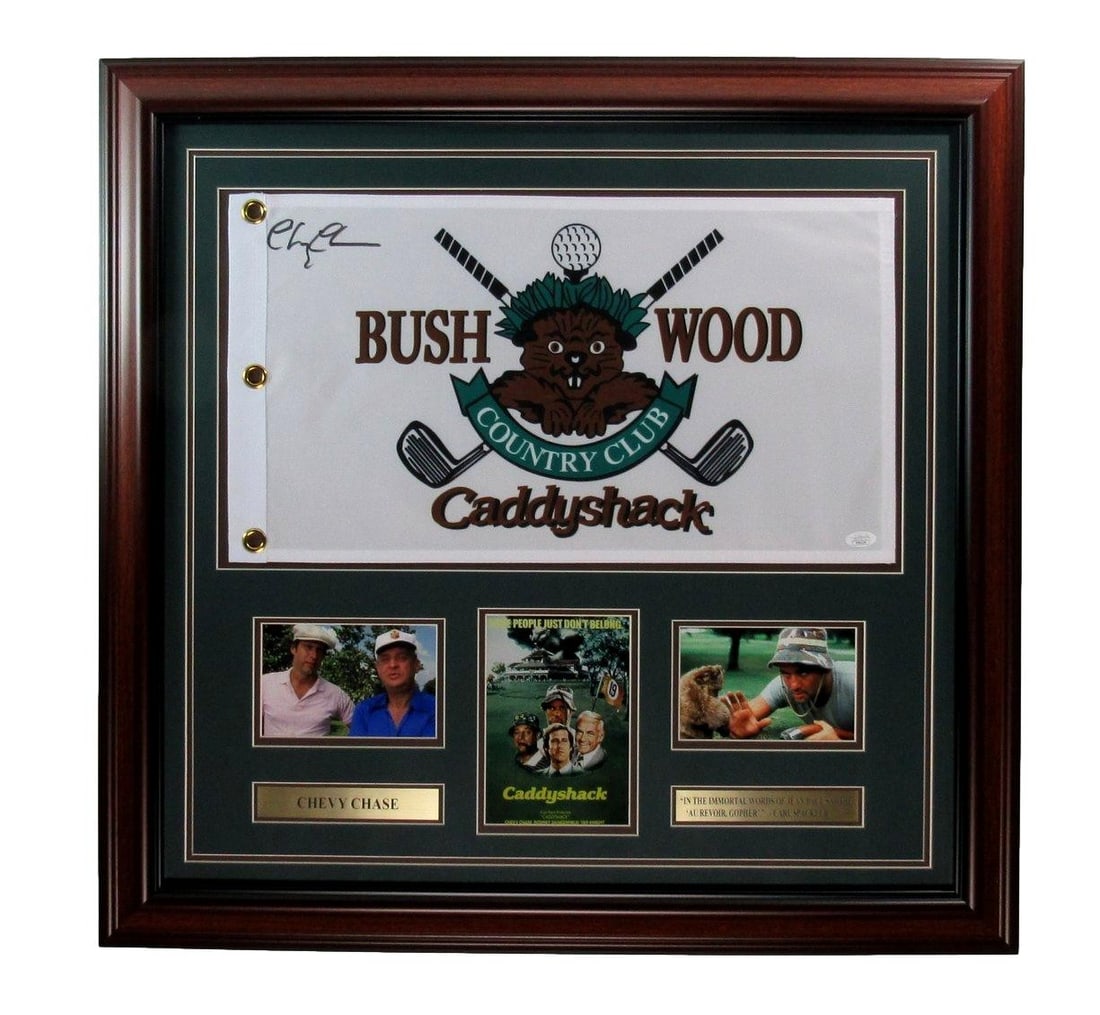 Framed Chevy Chase Caddyshack signed pin flag with photos JSA (1 of 5)
