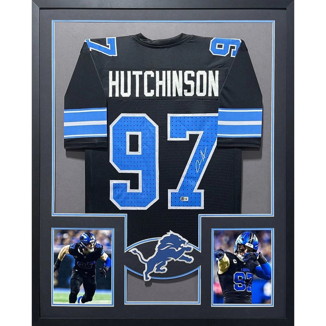 Beckett Autographed Aidan Hutchinson Lions Framed Black Jersey: Beckett Autographed Aidan Hutchinson Lions Framed Black Jersey This framed Detroit Lions black jersey is autographed by Aidan Hutchinson and features a detailed display with the team logo. The jersey 