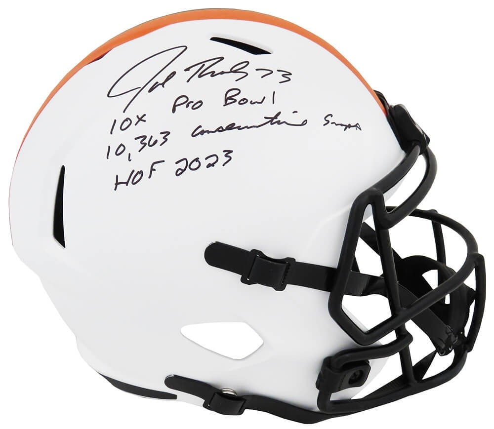 Joe Thomas Signed Browns Lunar Eclipse Helmet with HOF Inscription: Joe Thomas Signed Browns Lunar Eclipse Helmet with HOF Inscription This is a Cleveland Browns Lunar Eclipse Riddell full-size speed replica helmet, signed by Joe Thomas. The helmet features inscriptio