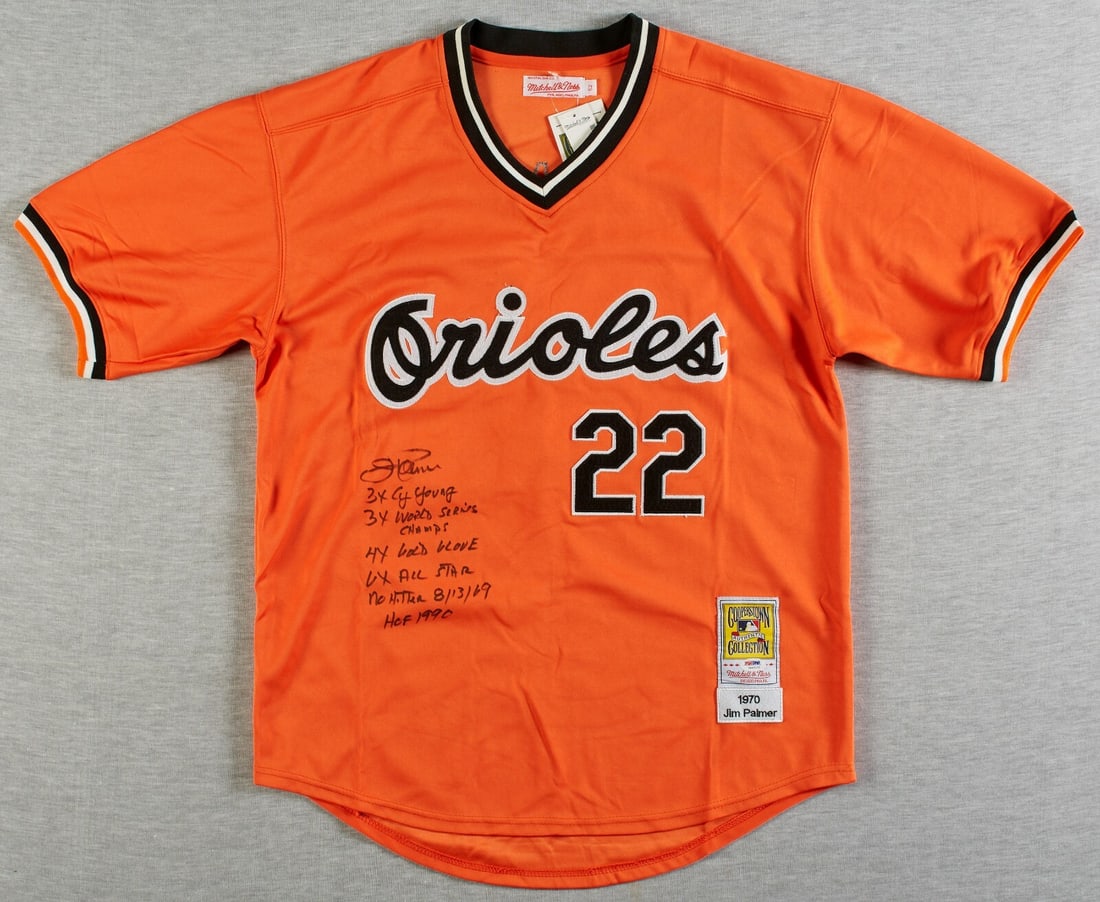 Jim Palmer Signed 1970 Orioles Jersey with Inscriptions Beckett COA: Jim Palmer Signed 1970 Orioles Jersey with Inscriptions Beckett COA This original Mitchell & Ness 1970 Baltimore Orioles jersey features the legendary Jim Palmer's signature on the front, accompanied 