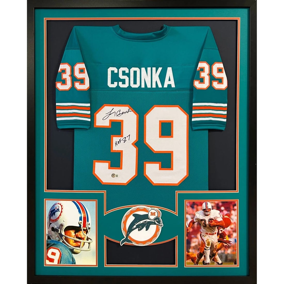 Larry Csonka Miami Dolphins Autographed Framed Jersey Beckett Authenticated: Larry Csonka Miami Dolphins Autographed Framed Jersey Beckett Authenticated This is an autographed framed jersey of Larry Csonka, the legendary Miami Dolphins player. The jersey is authenticated by Be