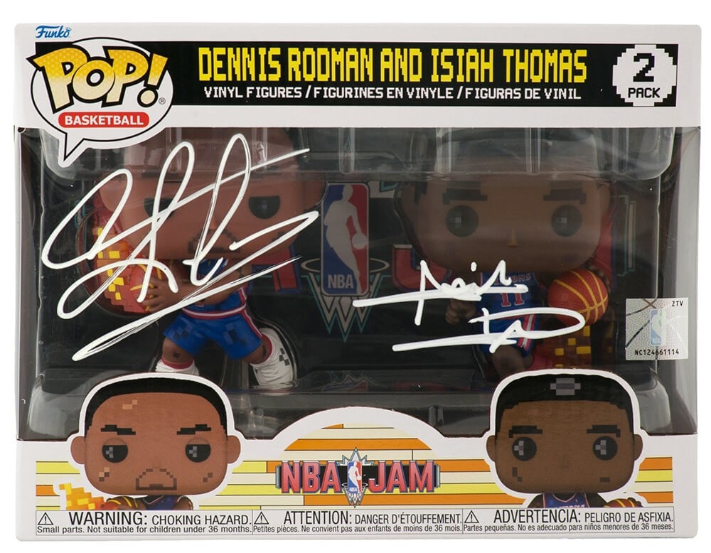 Dual Signed Funko Pop NBA Jam Doll Isiah Thomas Dennis Rodman Pistons COA: Dual Signed Funko Pop NBA Jam Doll Isiah Thomas Dennis Rodman Pistons COA This Detroit Pistons NBA Jam dual Funko Pop doll is autographed by both Isiah Thomas and Dennis Rodman. The collectible featur