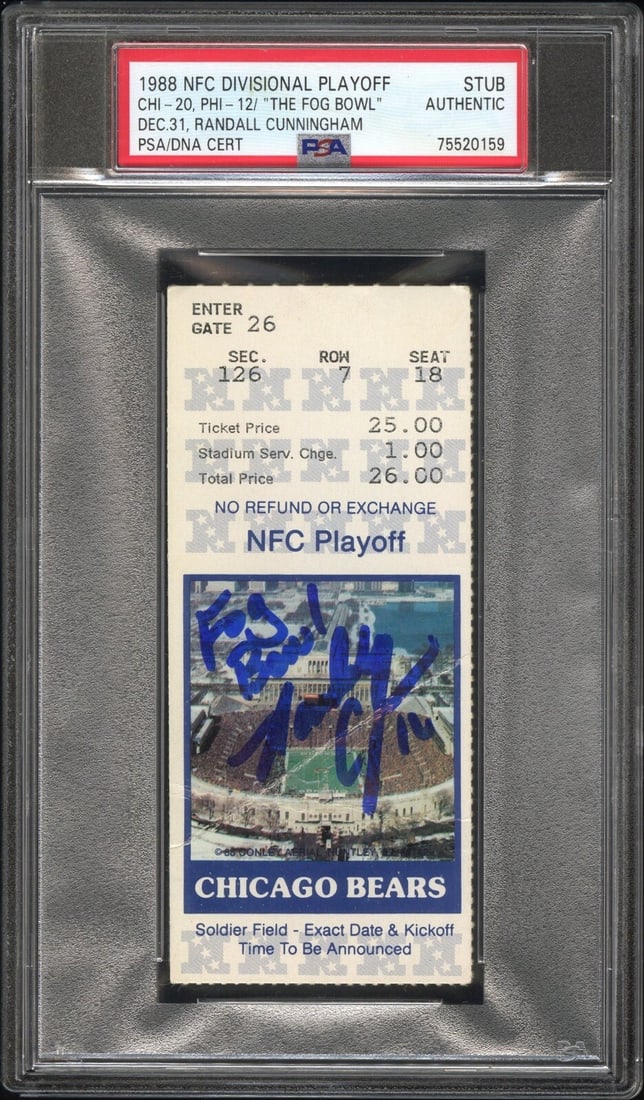 Randall Cunningham Signed Fog Bowl Ticket PSA/DNA Bears vs Eagles 1988: Randall Cunningham Signed Fog Bowl Ticket PSA/DNA Bears vs Eagles 1988 This autographed ticket stub from the iconic 1988 NFC Divisional Playoff game, known as the "Fog Bowl," features the legendary ma