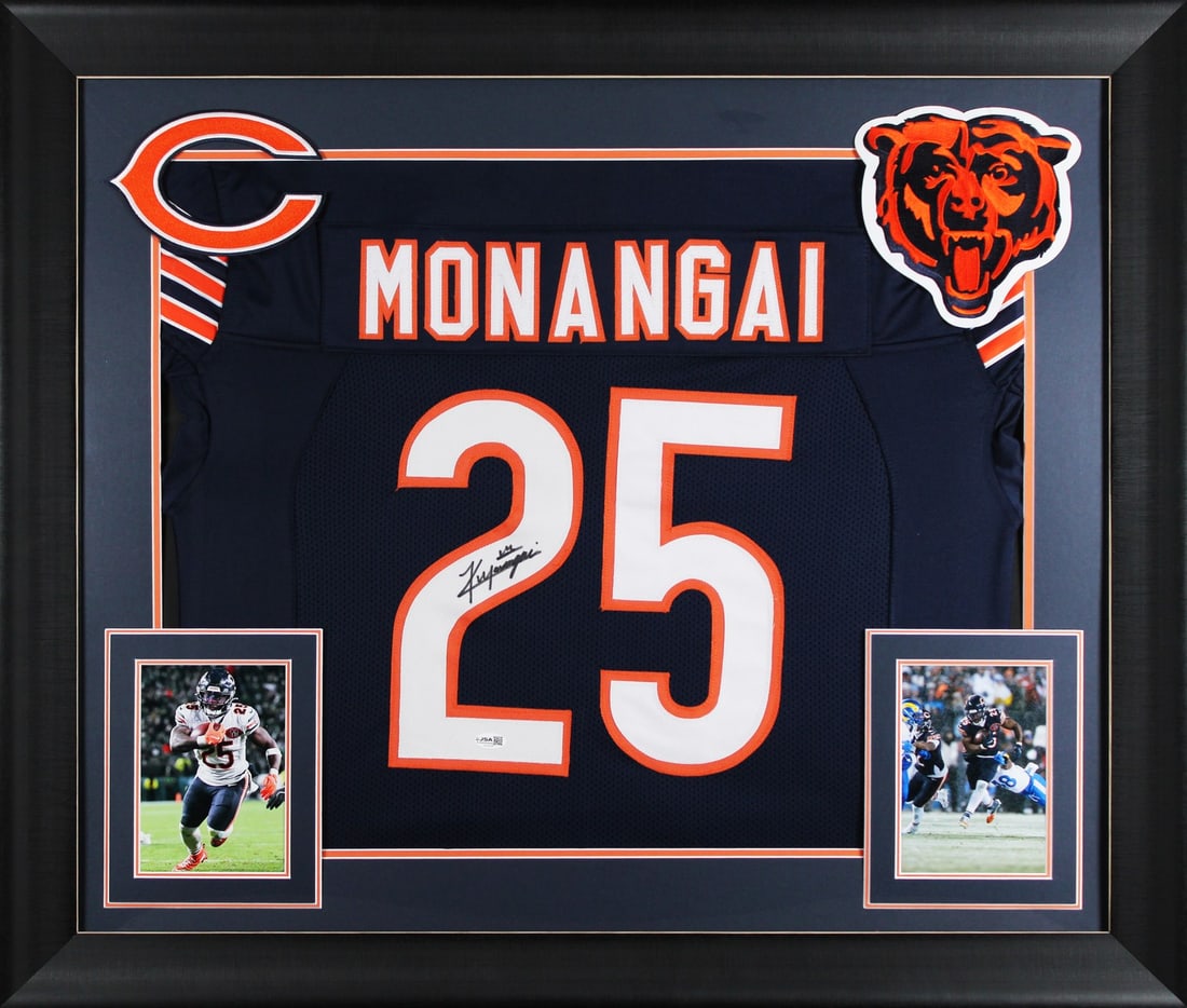 Framed Chicago Bears Jersey Signed by Kyle Monangai JSA Witness Authenticated: Framed Chicago Bears Jersey Signed by Kyle Monangai JSA Witness Authenticated This framed navy blue Pro Style jersey has been personally signed by Kyle Monangai of the Chicago Bears. The autograph is 