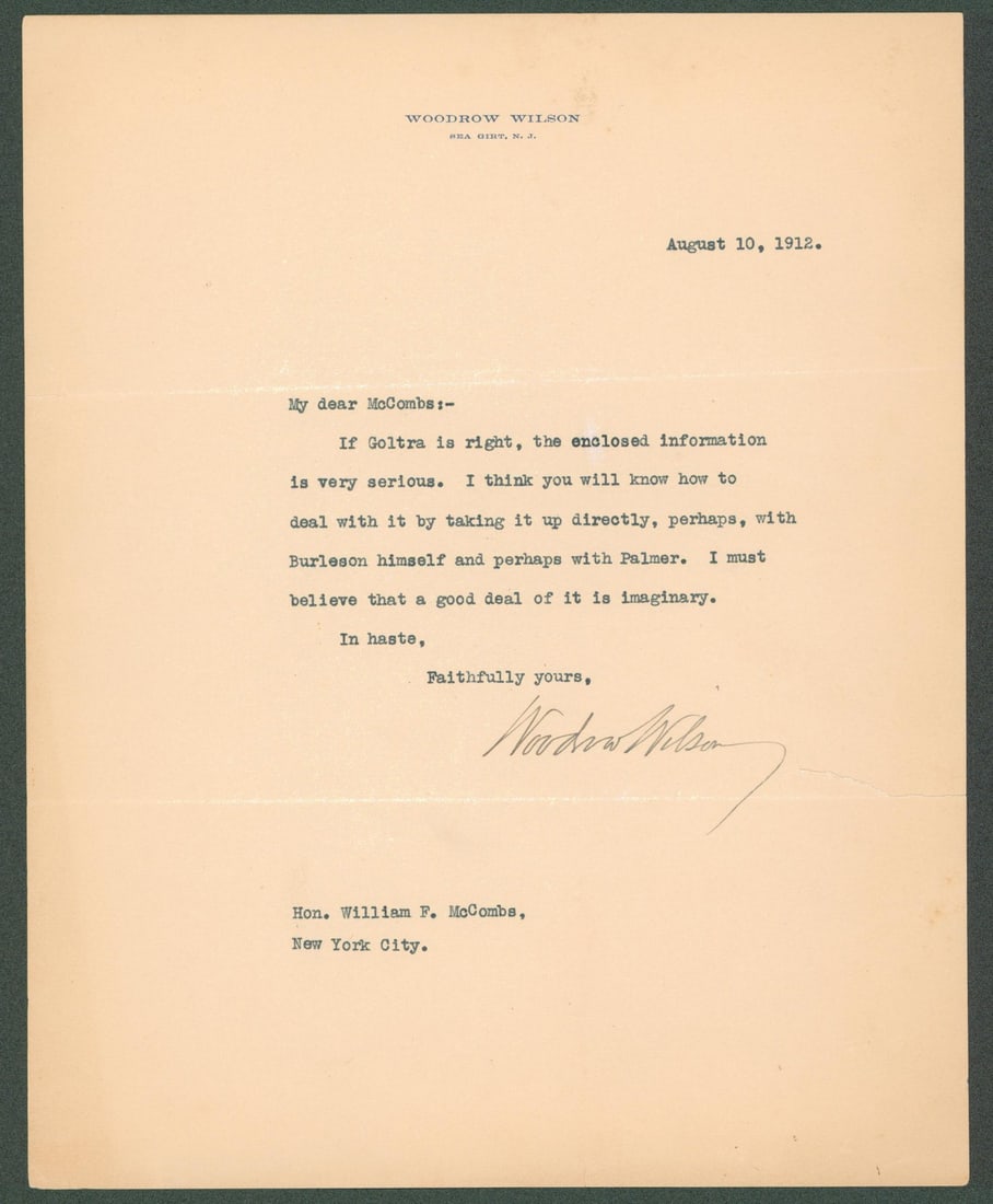 Woodrow Wilson 1912 Signed Letter with Beckett COA 8x10 Autograph: Woodrow Wilson 1912 Signed Letter with Beckett COA 8x10 Autograph This is an original 8x10 letter dated August 10, 1912, personally signed by Woodrow Wilson. The autograph has been authenticated by Be