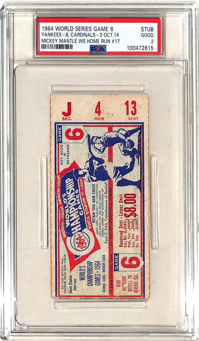 1964 World Series Game 6 Ticket Yankees vs Cardinals Mantle HR #17 PSA 2: 1964 World Series Game 6 Ticket Yankees vs Cardinals Mantle HR #17 PSA 2 This is an original ticket from Game 6 of the 1964 World Series, featuring the iconic matchup between the New York Yankees and 