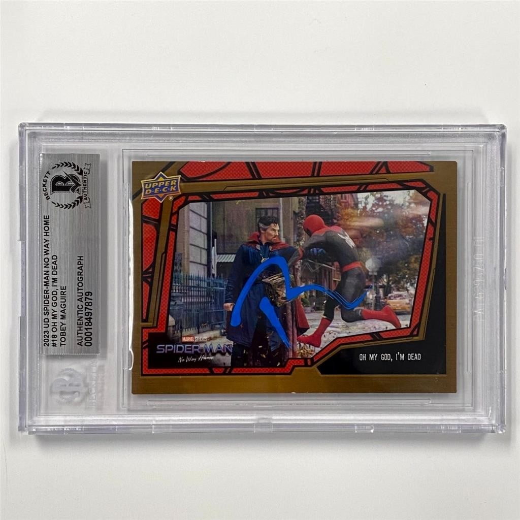 2023 Spider-Man No Way Home Chase Peter Parker auto card Tobey Maguire PSA: 2023 Spider-Man No Way Home Chase Peter Parker auto card Tobey Maguire PSA This 2023 Upper Deck Spider-Man: No Way Home trading card features Tobey Maguire as Chase Peter Parker and includes a hard-si