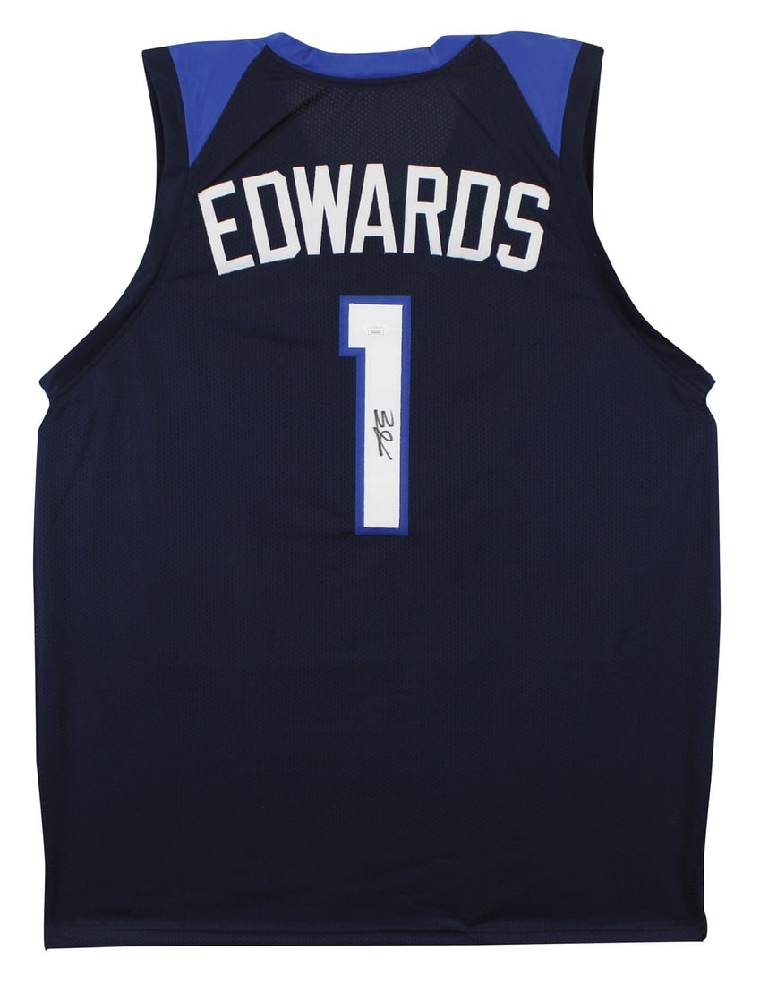 Anthony Edwards Signed Navy Blue Pro Style Jersey JSA Certified: Anthony Edwards Signed Navy Blue Pro Style Jersey JSA Certified This authentic navy blue Pro Style jersey has been personally signed by Anthony Edwards of the Minnesota Timberwolves. It features the o