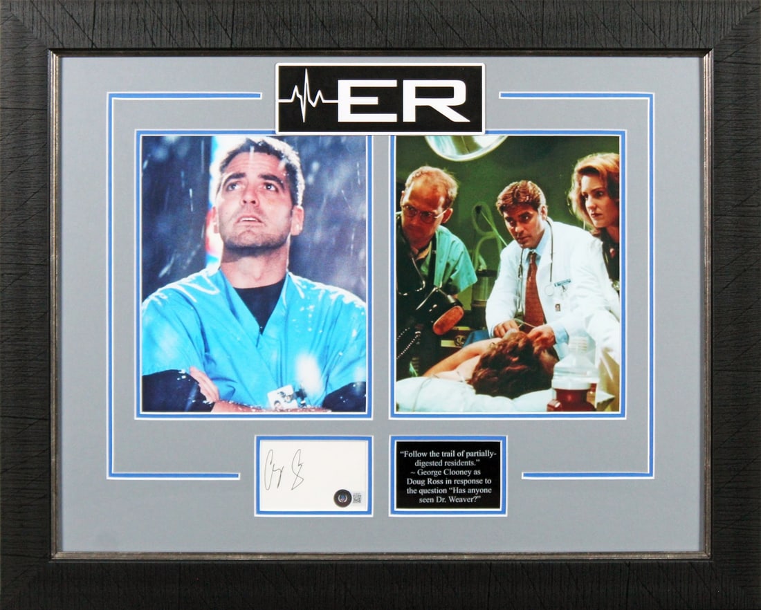 Framed 3x5 Index Card Signed by George Clooney with Beckett COA: Framed 3x5 Index Card Signed by George Clooney with Beckett COA This framed display features a 3x5 index card that has been personally autographed by George Clooney from the television series ER. The 