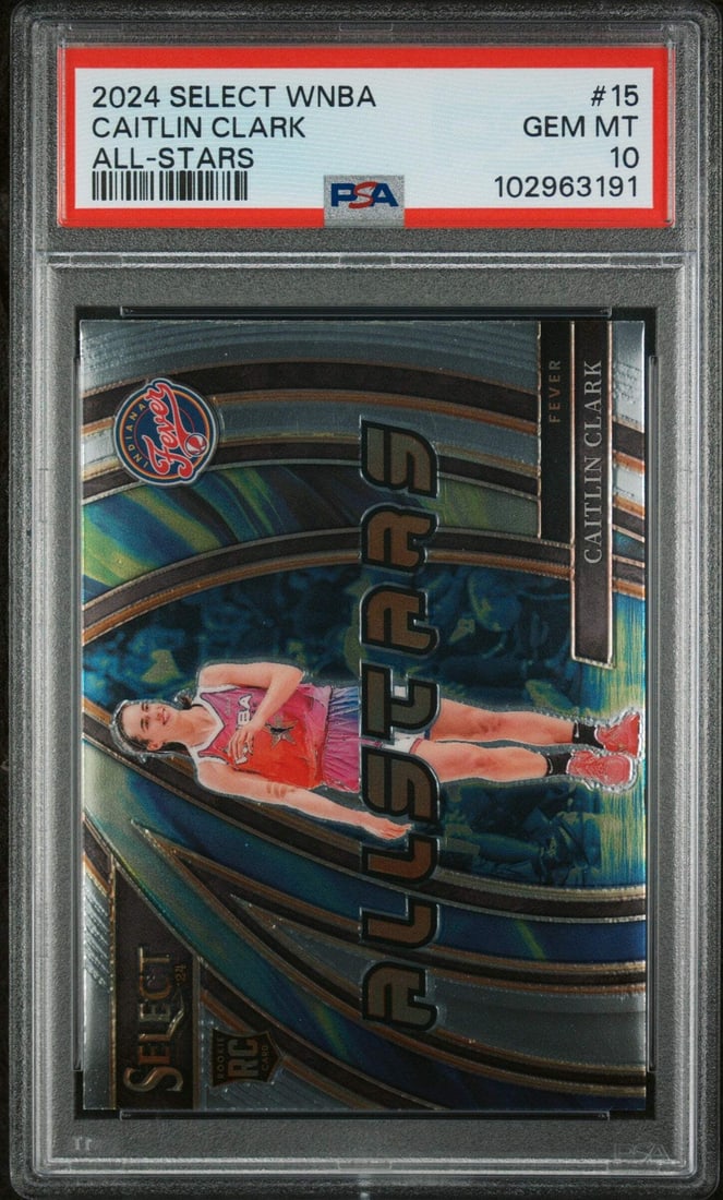 2024 Panini Select Caitlin Clark All-Stars Rookie Card PSA 10 Authentic: 2024 Panini Select Caitlin Clark All-Stars Rookie Card PSA 10 Authentic Introducing the graded 2024 Panini Select Caitlin Clark #15 All-Stars Rookie RC Card, receiving a prestigious PSA 10 Mint rating