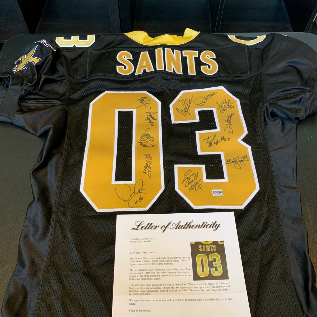 2003 New Orleans Saints Signed Game-Issued Jersey with PSA/DNA COA: 2003 New Orleans Saints Signed Game-Issued Jersey with PSA/DNA COA This authentic game-issued jersey from the 2003 New Orleans Saints is a remarkable collectible for any football fan. It features sign