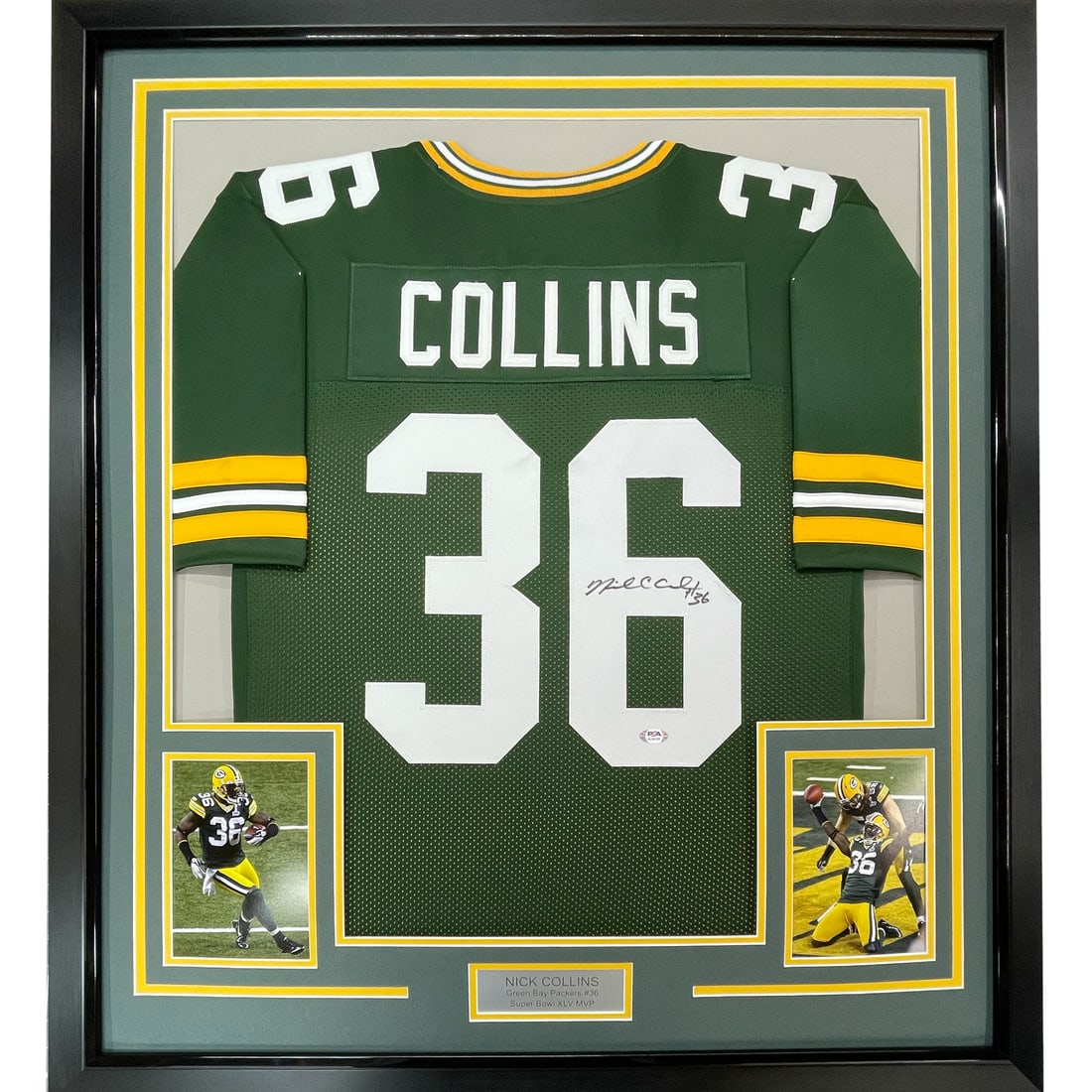 Framed Nick Collins signed Packers jersey with PSA DNA COA: Framed Nick Collins signed Packers jersey with PSA DNA COA This professionally framed and matted Green Bay Packers jersey features the authentic signature of NFL player Nick Collins. The display inclu