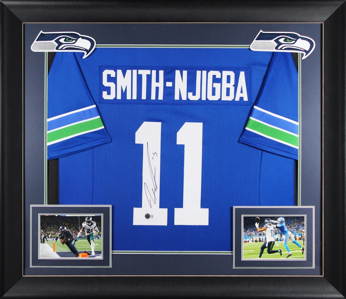 Jaxon Smith-Njigba Signed Blue Throwback Framed Jersey BAS Seattle Seahawks (1 of 2)
