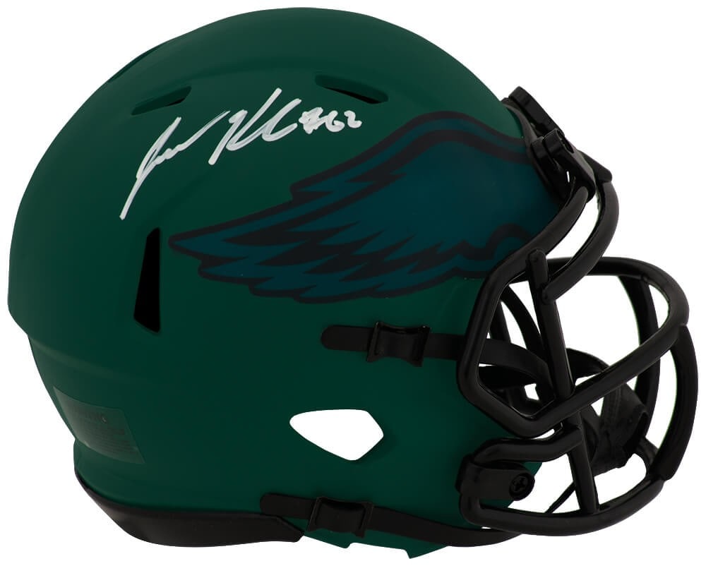 Jason Kelce autographed Eagles Riddell Speed Rave mini helmet: Jason Kelce autographed Eagles Riddell Speed Rave mini helmet This Philadelphia Eagles Rave Riddell Speed mini helmet features the authentic signature of Jason Kelce. The helmet includes a tamper-proo