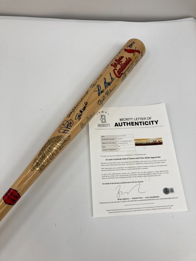 Beckett BAS Cardinals Legends Signed Cooperstown Bat Pujols Musial 13 Autographs: Beckett BAS Cardinals Legends Signed Cooperstown Bat Pujols Musial 13 Autographs This is an original St. Louis Cardinals Hall of Famers and Greats signed Cooperstown bat. It features 13 signatures and