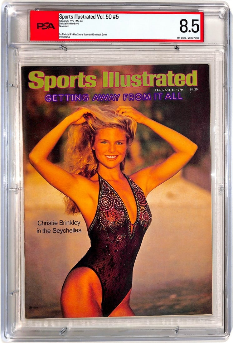 1979 Christie Brinkley PSA 8.5 Sports Illustrated Newsstand Cover: 1979 Christie Brinkley PSA 8.5 Sports Illustrated Newsstand Cover This is an original 1979 Sports Illustrated magazine featuring Christie Brinkley on her first cover in a swimsuit. The magazine has be