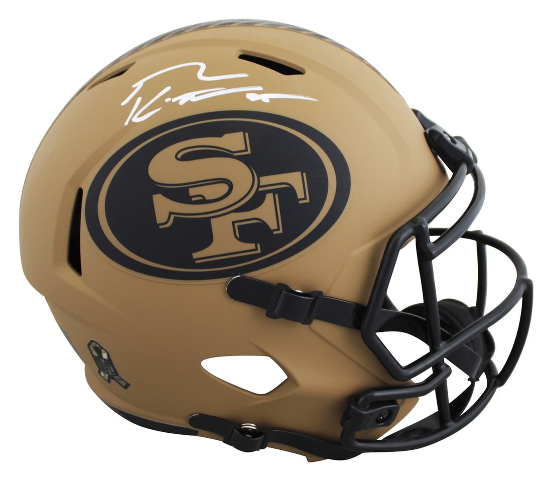 George Kittle autographed 49ers Speed replica helmet Beckett witnessed: George Kittle autographed 49ers Speed replica helmet Beckett witnessed This San Francisco 49ers alternate 2023 Salute To Service II Riddell full size Speed Rep helmet has been personally signed by Geo