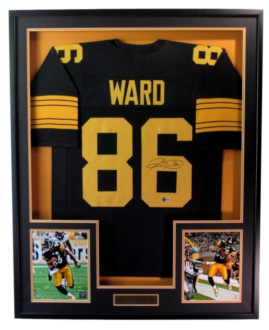 Framed Pittsburgh Steelers Jersey Signed by Hines Ward Beckett Authenticated: Framed Pittsburgh Steelers Jersey Signed by Hines Ward Beckett Authenticated This is a beautifully framed Hines Ward Signed/Autographed White Pittsburgh Steelers Football Jersey. The jersey is an orig