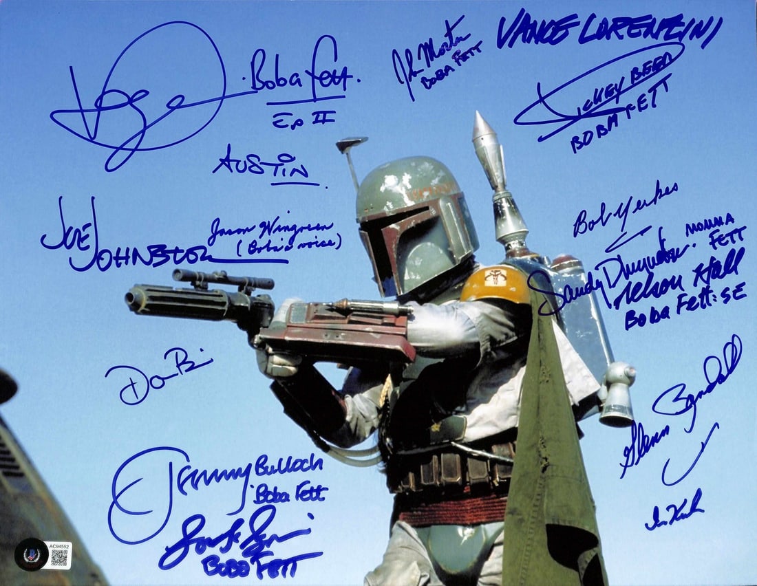 Boba Fett 15 Autographs Signed 11x14 Photo Beckett Authentication: Boba Fett 15 Autographs Signed 11x14 Photo Beckett Authentication This stunning 11x14 color photograph of Boba Fett is signed by 15 prominent figures who played a crucial role in bringing this iconic 