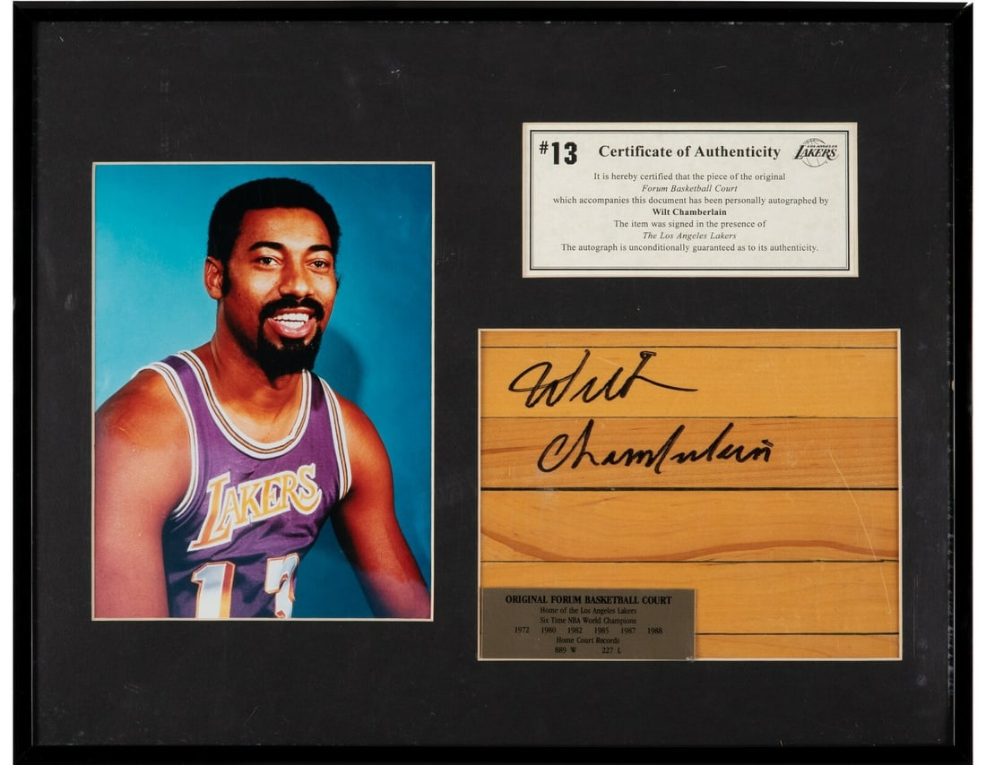 Wilt Chamberlain Signed Lakers Forum Floor Piece with Beckett COA: Wilt Chamberlain Signed Lakers Forum Floor Piece with Beckett COA This unique collectible features an original piece of the Forum basketball court, measuring approximately 7-1/2" x 9". It is signed in