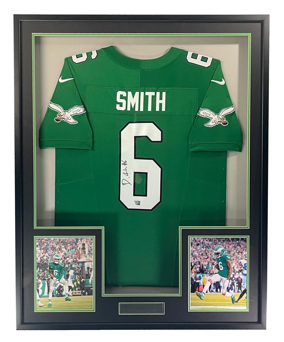 Framed Philadelphia Eagles Jersey Signed by DeVonta Smith Fanatics Authenticated: Framed Philadelphia Eagles Jersey Signed by DeVonta Smith Fanatics Authenticated This is a professionally framed green Philadelphia Eagles football jersey autographed by DeVonta Smith. The jersey is a