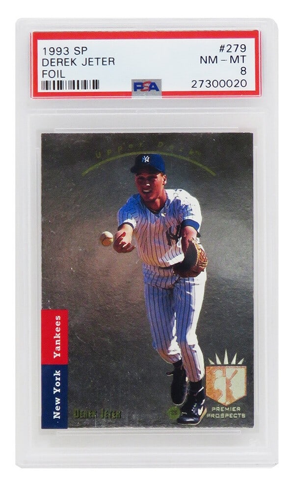 Derek Jeter 1993 SP Foil Rookie Card #279 PSA 8 New York Yankees: Derek Jeter 1993 SP Foil Rookie Card #279 PSA 8 New York Yankees Celebrate the legacy of Derek Jeter with this encapsulated 1993 SP Foil Rookie Card #279. Graded NM-MT (Near Mint-Mint) 8 by PSA, this 