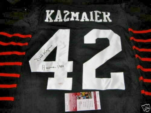 Signed Princeton Tigers Kazmaier 42 Football Jersey JSA COA Heisman 1951: Signed Princeton Tigers Kazmaier 42 Football Jersey JSA COA Heisman 1951 This is a very rare Princeton Tigers jersey signed by Dick Kazmaier, the 1951 Heisman Trophy winner. The jersey is an original 