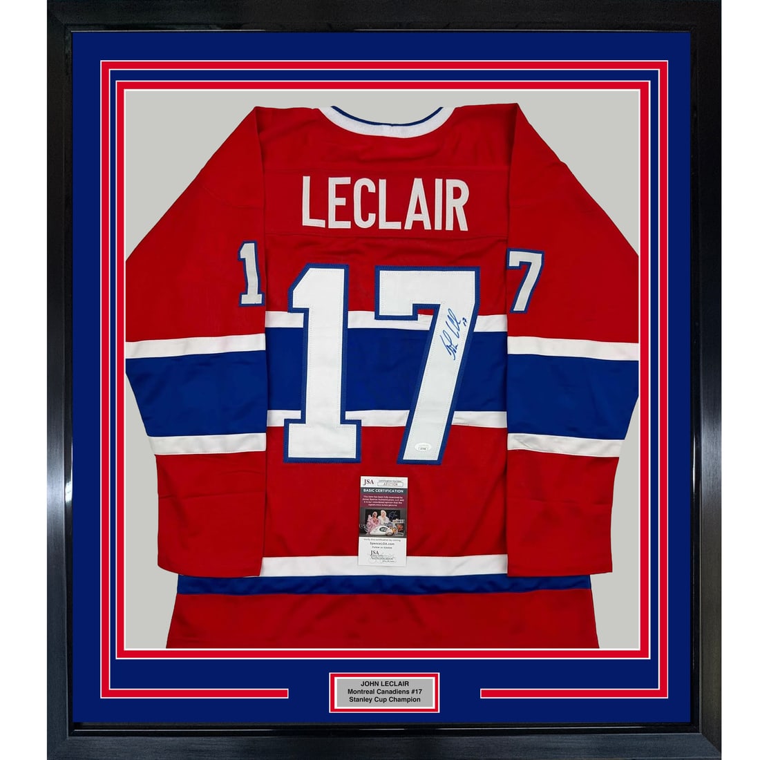 Framed Autographed John LeClair Montreal Canadiens Jersey JSA COA 35x39: Framed Autographed John LeClair Montreal Canadiens Jersey JSA COA 35x39 Celebrate your admiration for hockey with this professionally framed and autographed John LeClair Montreal Canadiens jersey. Mea