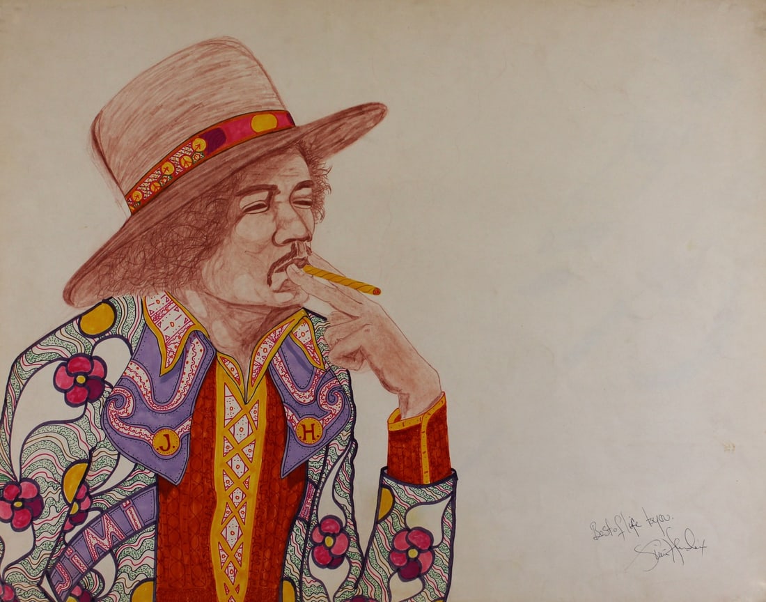 Jimi Hendrix Signed Artwork by Dwight Ross 22.5x28.5 with COA: Jimi Hendrix Signed Artwork by Dwight Ross 22.5x28.5 with COA This stunning 22.5x28.5 artwork by Dwight Ross features the iconic Jimi Hendrix along with the inscription "Best Of Life To You." Personal