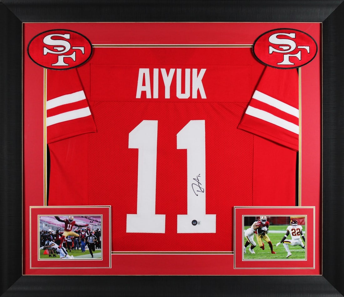 Framed Brandon Aiyuk autographed 49ers red pro style jersey BAS witnessed: Framed Brandon Aiyuk autographed 49ers red pro style jersey BAS witnessed This framed red pro style jersey has been personally signed by Brandon Aiyuk of the San Francisco 49ers. The autograph was wit