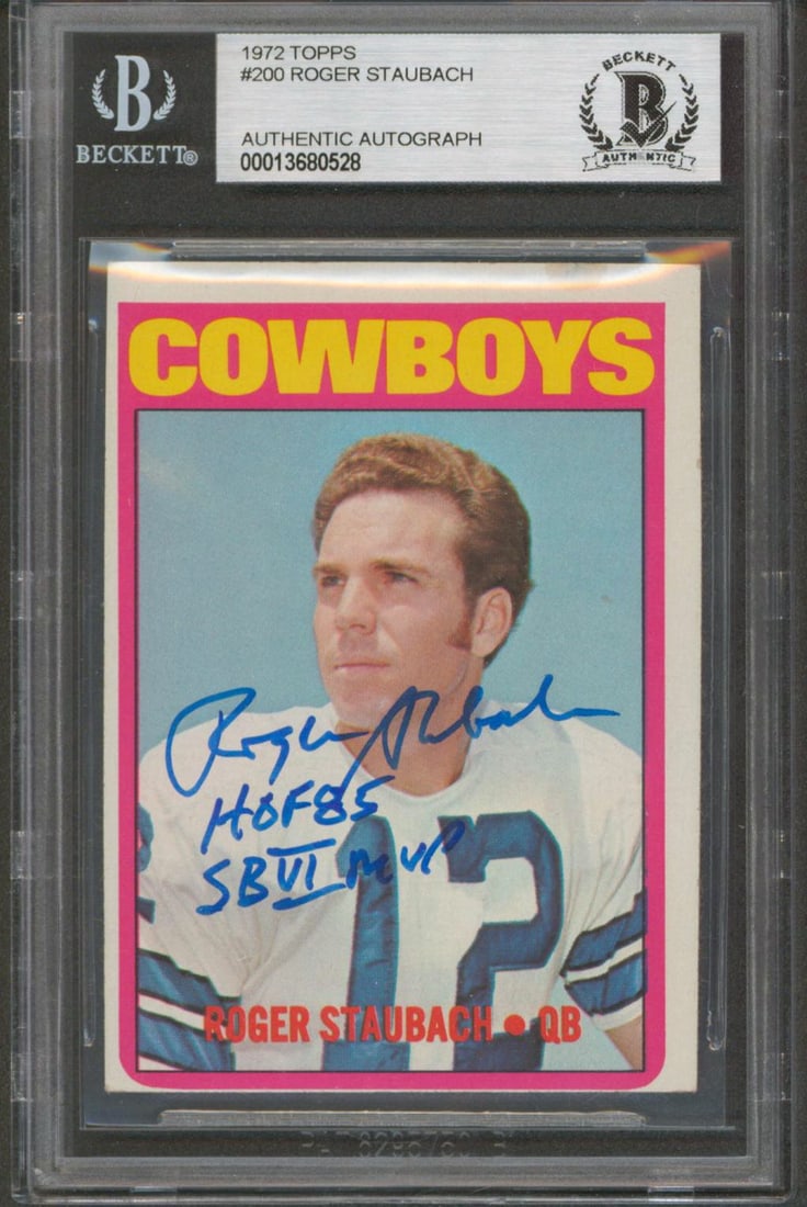 Beckett Slabbed Roger Staubach 1972 Topps Rookie Card Cowboys: Beckett Slabbed Roger Staubach 1972 Topps Rookie Card Cowboys This is an original 1972 Topps #200 rookie card that has been personally signed twice by Roger Staubach of the Dallas Cowboys, including i