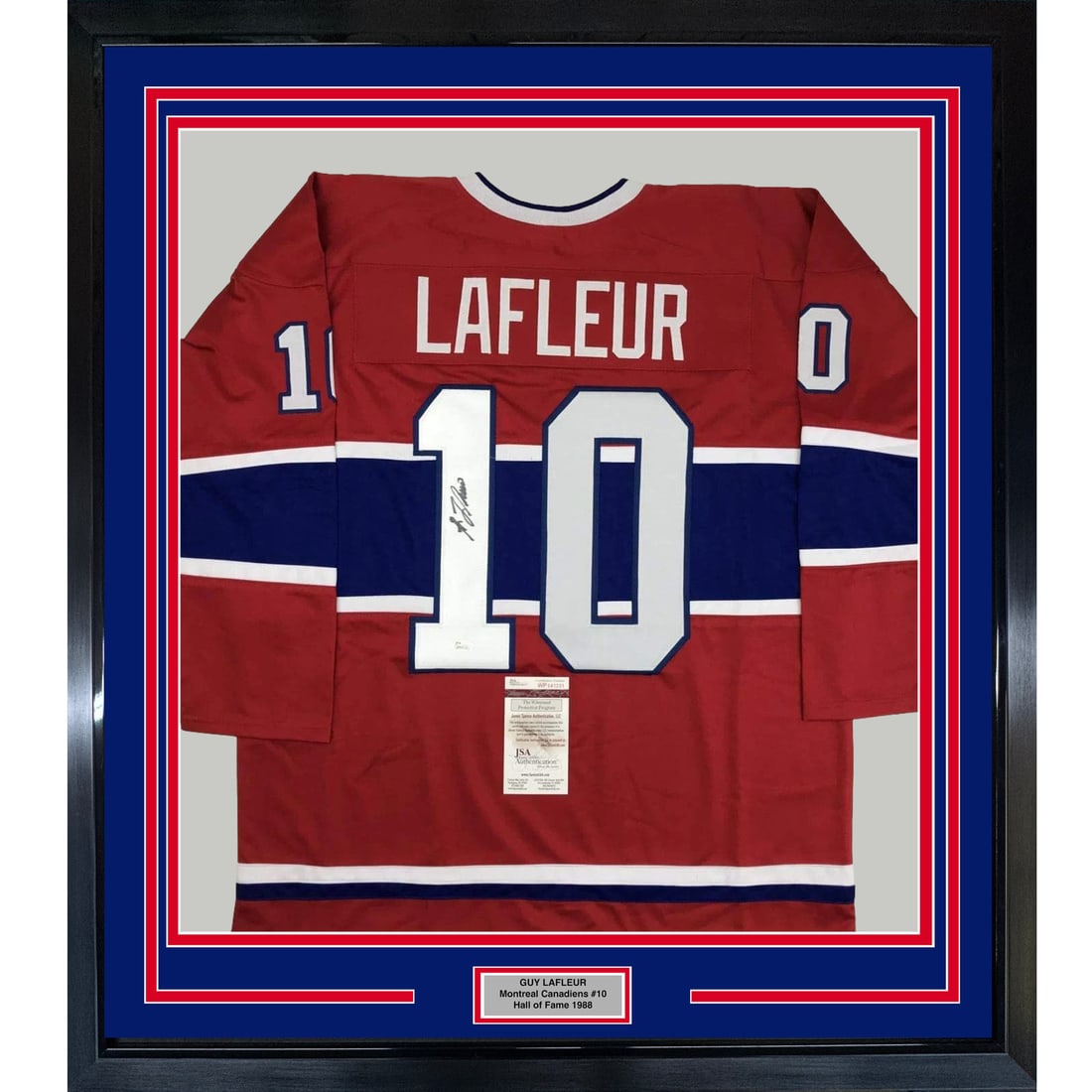 Framed Guy LaFleur Autographed Montreal Canadiens Jersey with JSA COA: Framed Guy LaFleur Autographed Montreal Canadiens Jersey with JSA COA This professionally framed and matted autographed jersey features the legendary Guy LaFleur of the Montreal Canadiens. Measuring 3