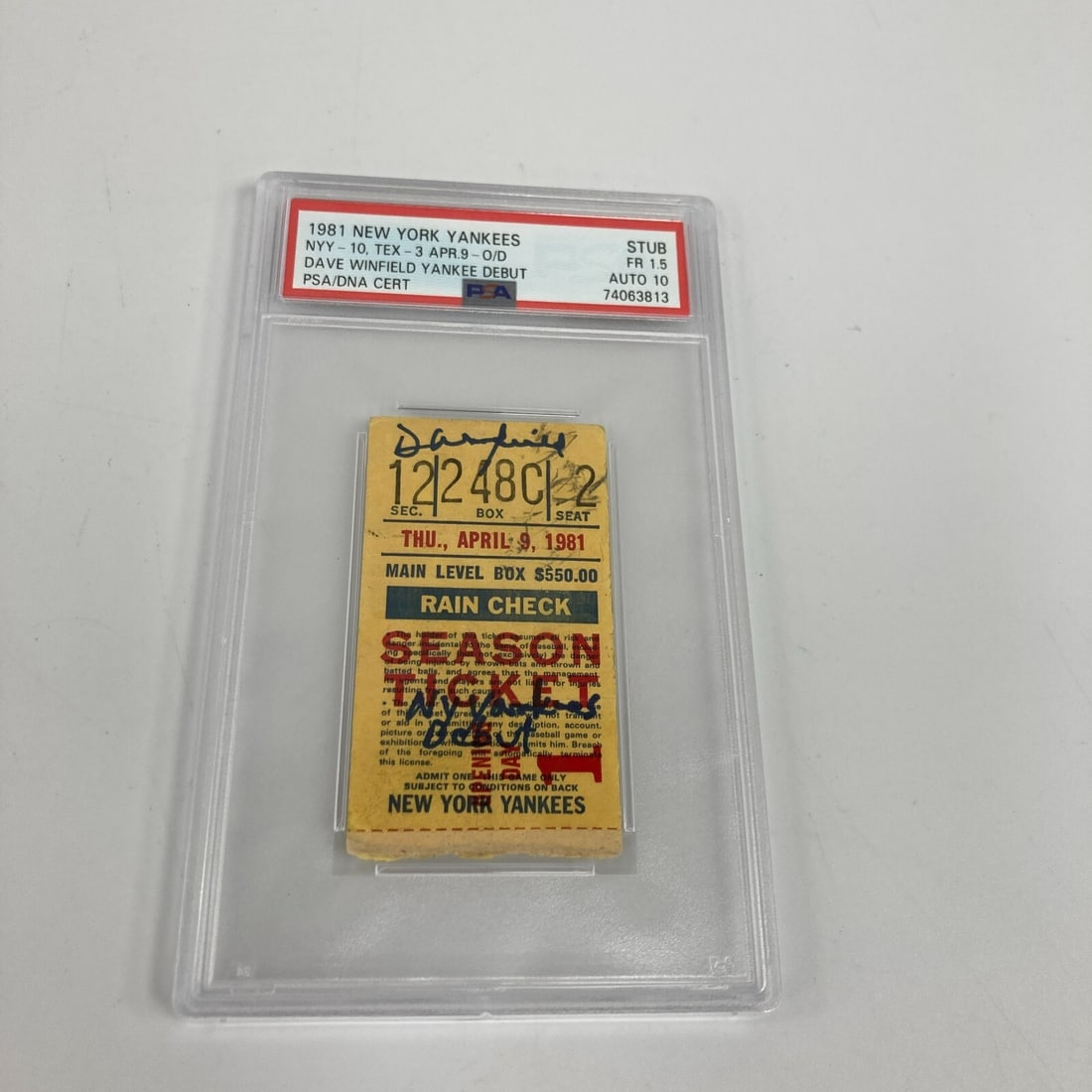 Dave Winfield Signed 1981 Yankees Debut Ticket PSA Authenticated: Dave Winfield Signed 1981 Yankees Debut Ticket PSA Authenticated Celebrate the iconic debut of baseball legend Dave Winfield with this signed ticket from his first game with the New York Yankees on Ap