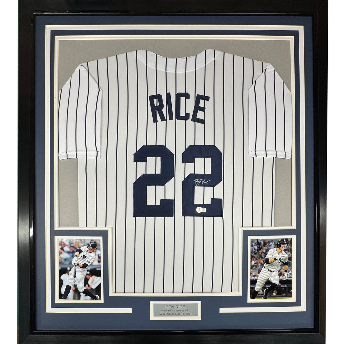 Framed Ben Rice signed Yankees pinstripe jersey JSA COA 35x39: Framed Ben Rice signed Yankees pinstripe jersey JSA COA 35x39 This framed New York Yankees pinstripe jersey features an authentic signature from Ben Rice. The jersey is professionally framed and matte