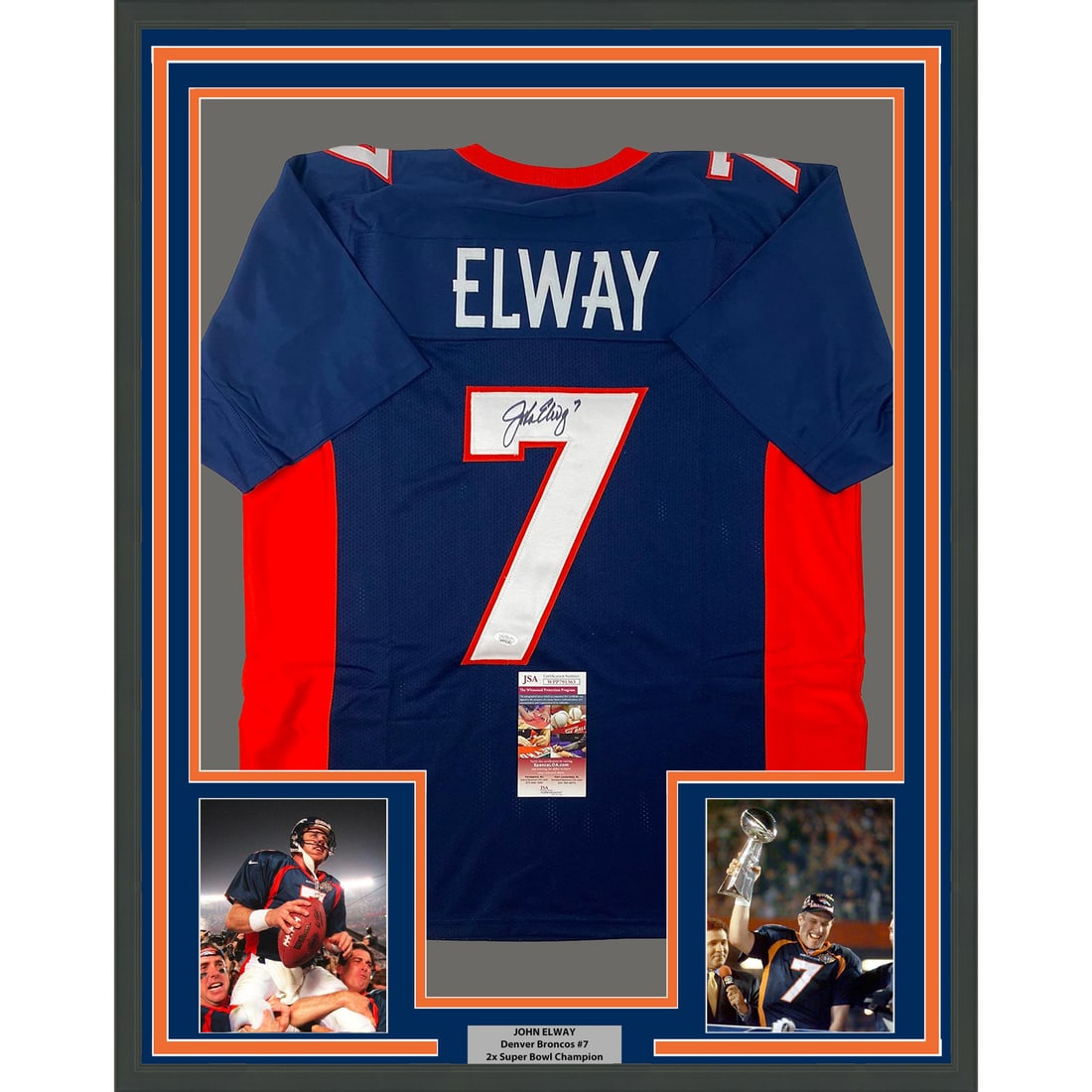 John Elway Signed Denver Broncos Jersey Framed 33x42 JSA Authenticated: John Elway Signed Denver Broncos Jersey Framed 33x42 JSA Authenticated This is a professionally framed and matted Denver Broncos blue football jersey autographed by John Elway. The display includes tw