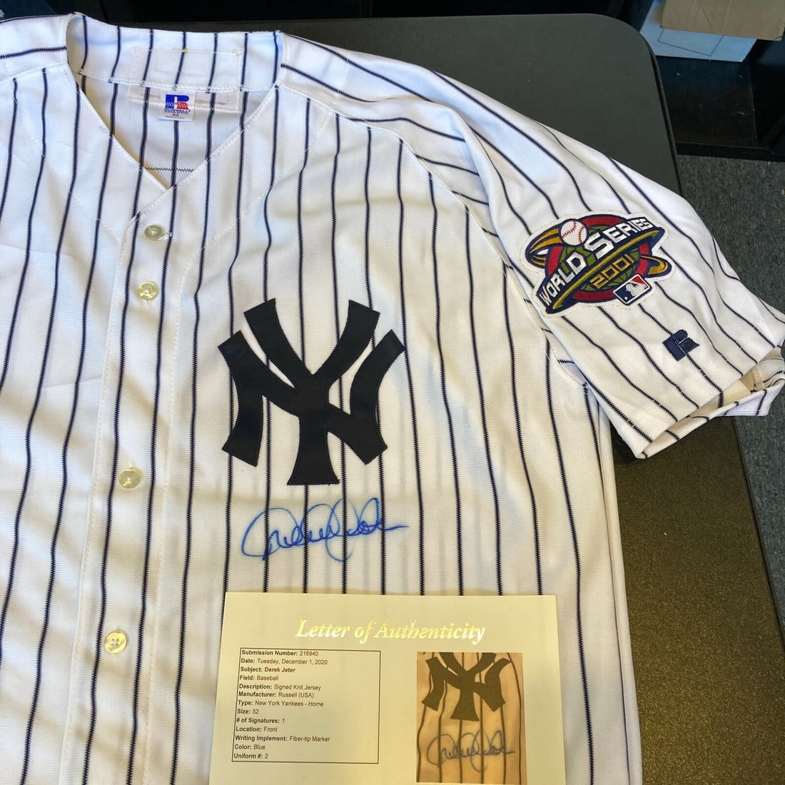 Derek Jeter Signed 2001 World Series Yankees Jersey JSA COA: Derek Jeter Signed 2001 World Series Yankees Jersey JSA COA Celebrate baseball history with this rare Derek Jeter Signed 2001 World Series New York Yankees Game Model Authentic Jersey. This exceptiona