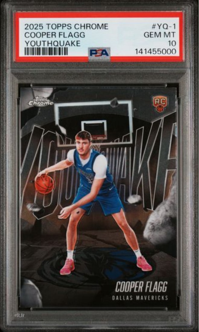 PSA 10 Cooper Flagg Youthquake RC 2025 Topps Chrome #YQ1: PSA 10 Cooper Flagg Youthquake RC 2025 Topps Chrome #YQ1 This is an original 2025 Topps Chrome Cooper Flagg #YQ1 Youthquake Rookie RC card, professionally graded and encapsulated by Professional Sport
