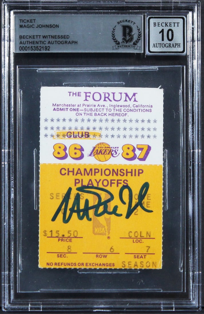 1987 NBA Finals Lakers Ticket Stub Signed by Magic Johnson Beckett 10 Slab (1 of 2)