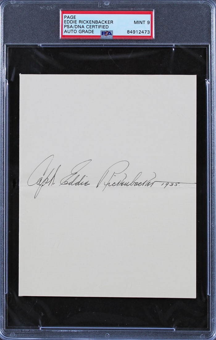 Eddie Rickenbacker Signed Album Page PSA Mint 9 Slabbed Autograph 5x6.25: Eddie Rickenbacker Signed Album Page PSA Mint 9 Slabbed Autograph 5x6.25 This is an original 5x6.25 inch album page personally signed by Eddie Rickenbacker with the inscription "Capt, 1935." The autog