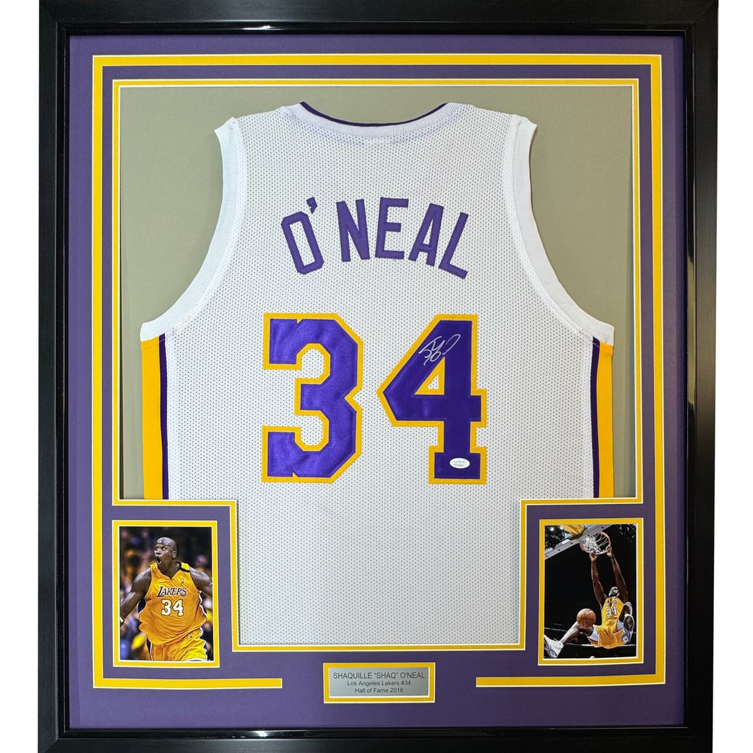 Framed Authentic Signed Shaquille O'Neal Lakers Jersey 33x42 JSA COA: Framed Authentic Signed Shaquille O'Neal Lakers Jersey 33x42 JSA COA Celebrate the legacy of basketball legend Shaquille O'Neal with this framed and autographed Los Angeles Lakers white jersey. This r
