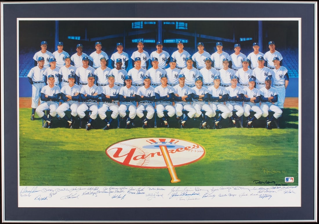 1961 New York Yankees Team Signed Lithograph by Ron Lewis Beckett Authenticated: 1961 New York Yankees Team Signed Lithograph by Ron Lewis Beckett Authenticated This stunning 48x26 framed lithograph captures the essence of the 1961 New York Yankees, featuring the artwork of Ron Le