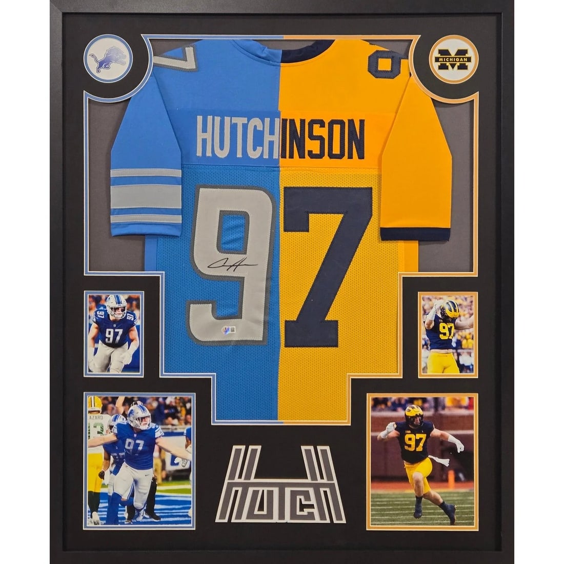 Framed Aidan Hutchinson Autographed Michigan Lions Jersey Beckett: Framed Aidan Hutchinson Autographed Michigan Lions Jersey Beckett This is a framed, autographed jersey signed by Aidan Hutchinson, featuring both Michigan and Lions team styles. The jersey is authenti