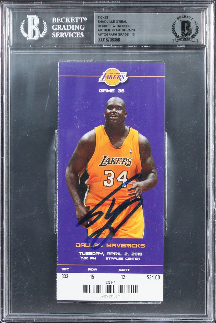 Shaquille O'Neal Lakers Signed 2013 Retirement Ticket Stub Card BAS 10 Auto Slabbed: Shaquille O'Neal Lakers Signed 2013 Retirement Ticket Stub Card BAS 10 Auto Slabbed This pre-owned retirement ticket stub card from April 2, 2013, commemorates Shaquille O'Neal's #34 jersey