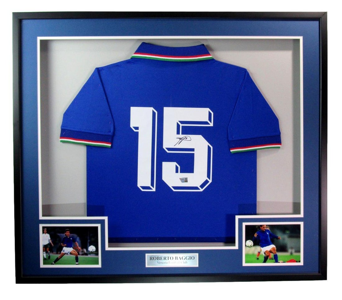 Framed Venezia Soccer Jersey Signed by Roberto Baggio Fanatics Authentic: Framed Venezia Soccer Jersey Signed by Roberto Baggio Fanatics Authentic This framed display features a Venezia Football Club jersey and accompanying photos, hand-signed by renowned soccer player