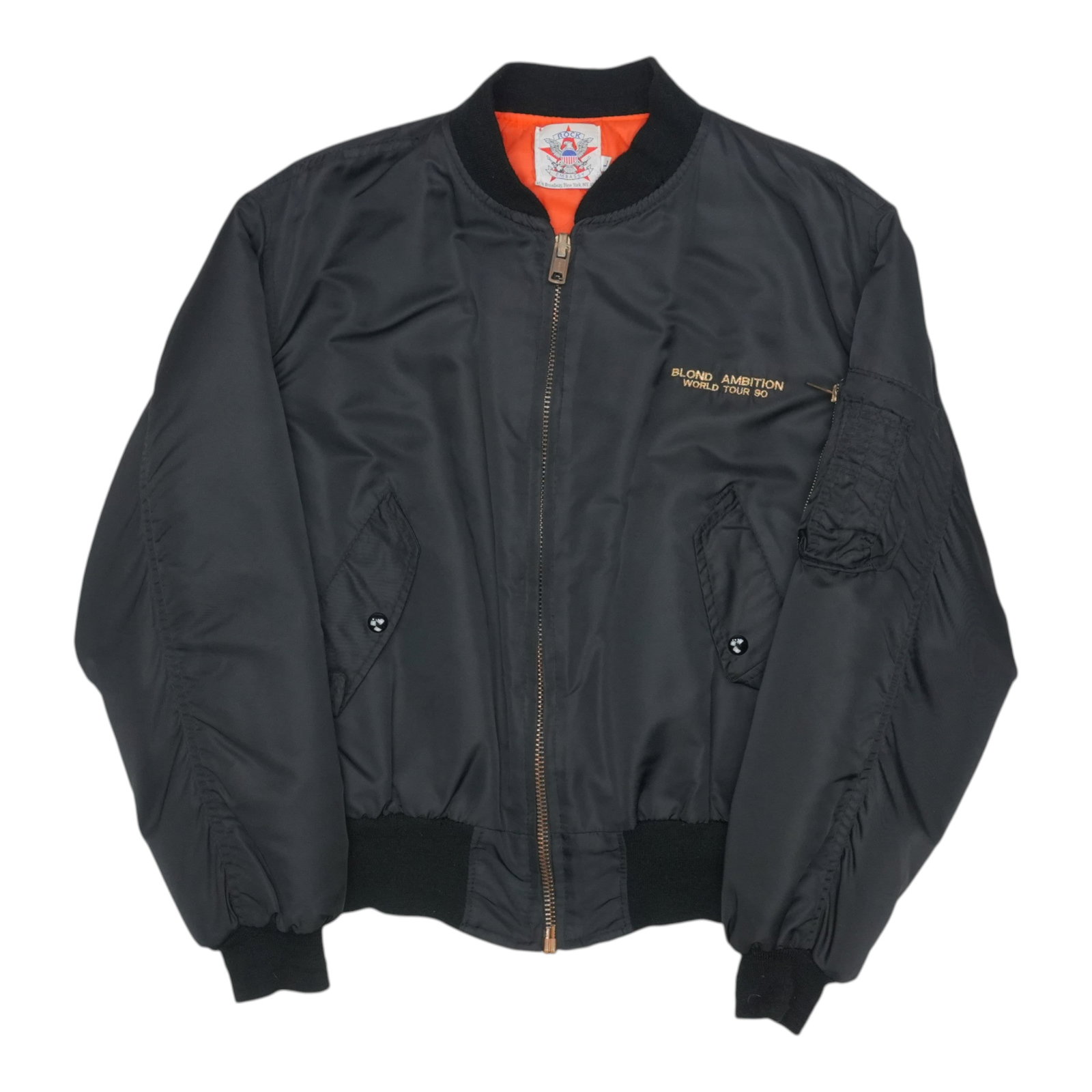 Vintage 1990 Black Madonna Blonde Ambition Tour Jacket Large: Vintage 1990 Black Madonna Blonde Ambition Tour Jacket Large This is an original vintage jacket from Madonna's 1990 Blonde Ambition Tour. Featuring front and back graphics, the jacket is made from ble