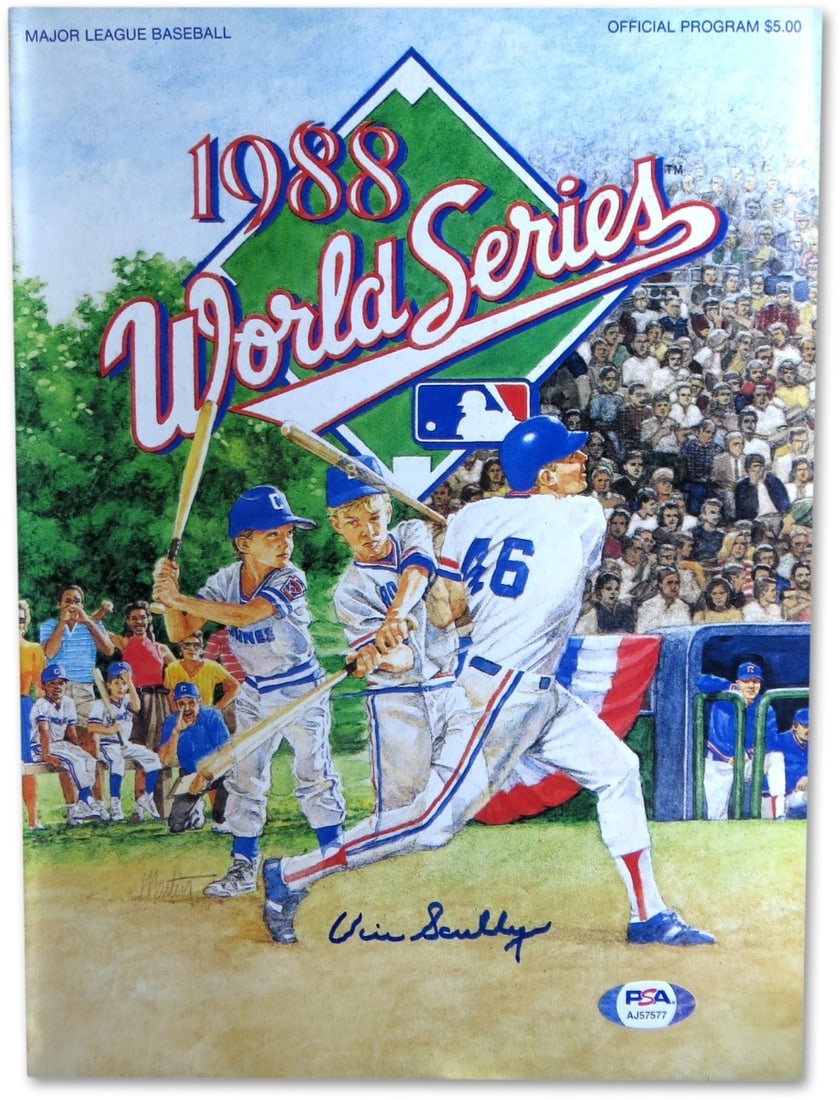Vin Scully Autographed 1988 World Series Programs Dodgers PSA: Vin Scully Autographed 1988 World Series Programs Dodgers PSA This original 1988 World Series program features the iconic voice of the Los Angeles Dodgers, Vin Scully, who has personally autographed i