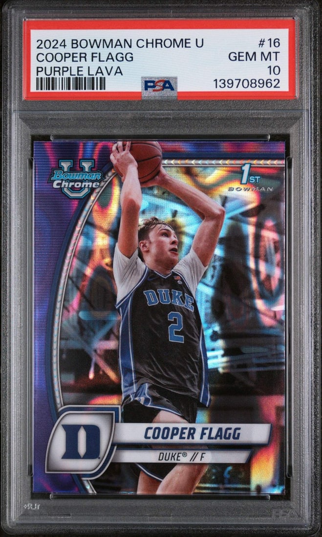 PSA 10 Bowman Chrome Purple Lava Cooper Flagg Rookie Card 2024 #16: PSA 10 Bowman Chrome Purple Lava Cooper Flagg Rookie Card 2024 #16 This is a 2024 Topps Bowman Chrome Cooper Flagg #16 Purple Lava Rookie Card, professionally graded and encapsulated by Professional