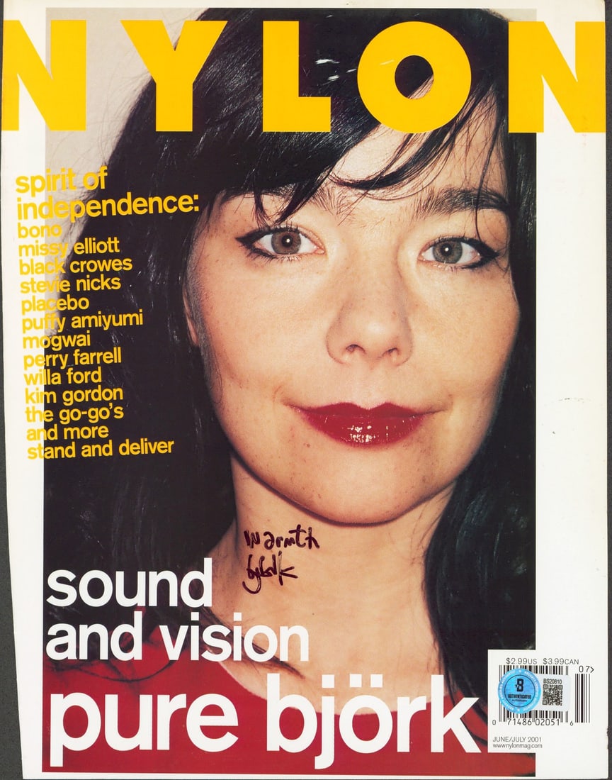 Bjork Warmth Signed Magazine Cover June 2001 Beckett Authenticated: Bjork Warmth Signed Magazine Cover June 2001 Beckett Authenticated This unique item features an authentic signed nylon magazine cover of Bjork from June/July 2001, inscribed with "Warmth." The item in