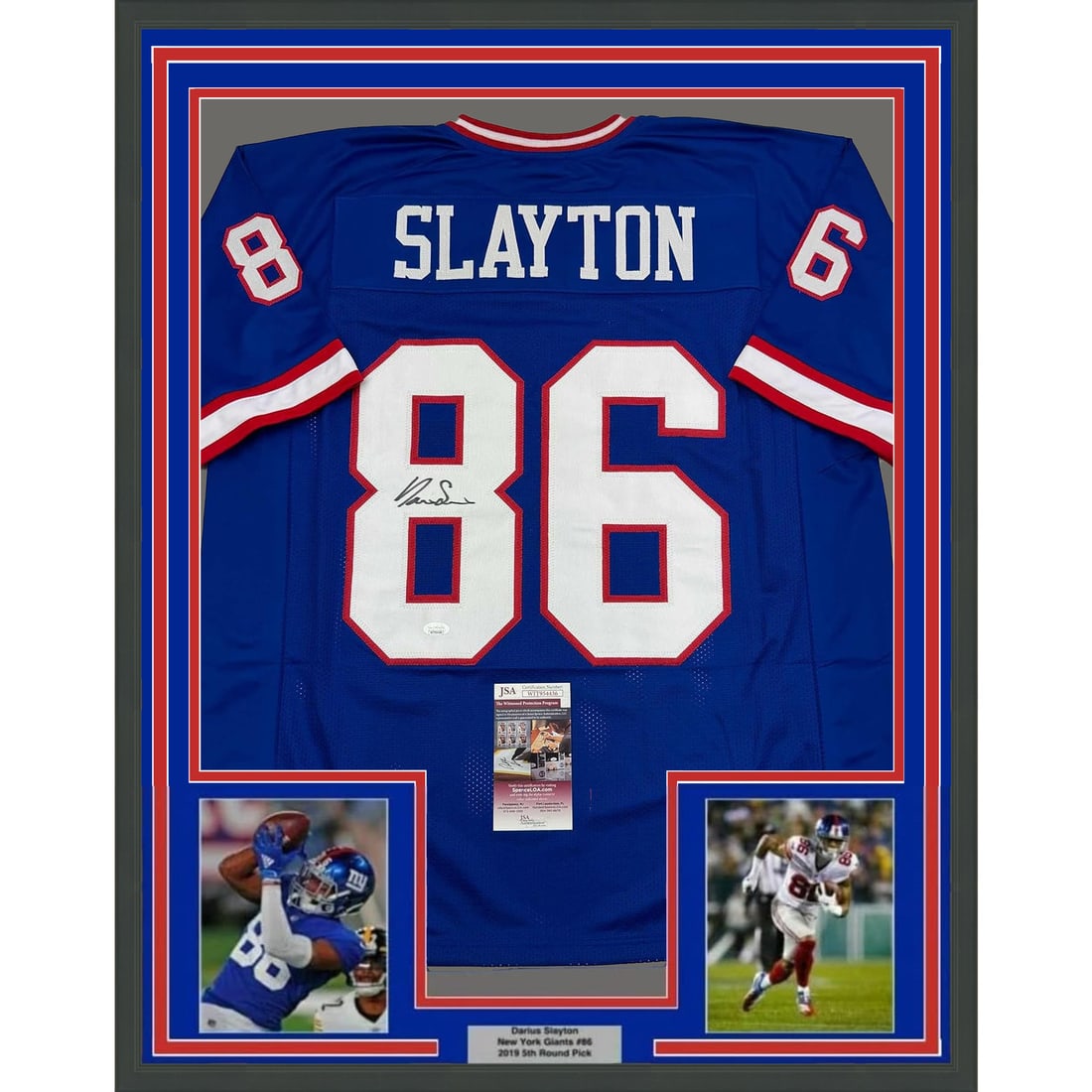 Framed Darius Slayton Signed New York Giants Retro Jersey JSA COA 35x39: Framed Darius Slayton Signed New York Giants Retro Jersey JSA COA 35x39 This professionally framed and matted display features a Darius Slayton autographed New York Giants retro jersey, authenticated 
