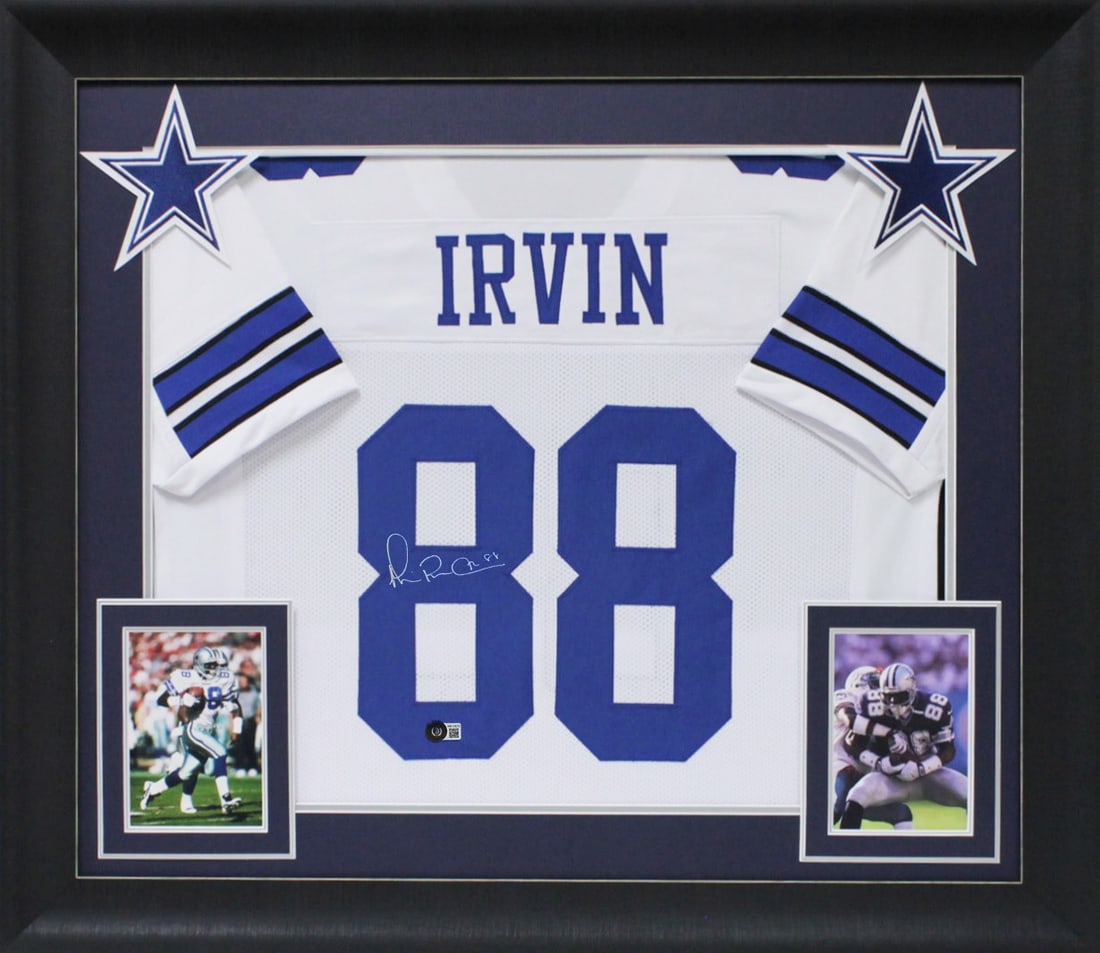 Framed White Pro Style Jersey Signed by Michael Irvin Beckett BAS Witnessed: Framed White Pro Style Jersey Signed by Michael Irvin Beckett BAS Witnessed This professionally framed white Pro Style jersey has been personally signed by Michael Irvin of the Dallas Cowboys. The aut
